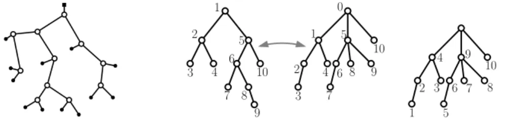 Fig. 2.3 – Quelques exemples d’arbres et leur codage. La premi`ere image montre un arbre binaire (plein) ayant 11 nœuds internes, 11 + 2 feuilles et dont le code pr´efixe de longueur 2 × 11 est : 1101001011001001011000