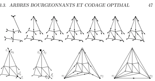Fig. 3.4 – Correspondance entre arbres bourgeonnants et triangulations planaires. Dans cette exemple on part d’un arbre ayant 7 nœuds dont la clˆoture partielle est illustr´ee par les premi`eres images