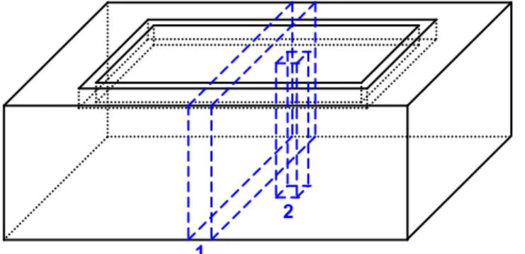 Figure 4.2  Lower part of cathode with (1) slice for quick measurement of bath penetration  front and (2) sample for complete acquisition 