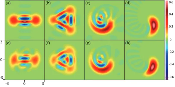 Figure 5.1: (a-d) Wigner functions of nonclassical ﬁeld states e −i t K H K |αi generated by propagation of an initial coherent state through a Kerr medium, (a) 2-component MFSS given by Eq