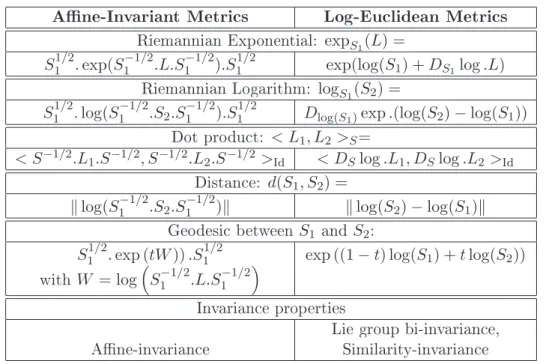 Table 3.1: Comparison between ane-invariant and Log-Euclidean metrics. Note on the one hand the important simplications in terms of distance and geodesics in the Log-Euclidean case