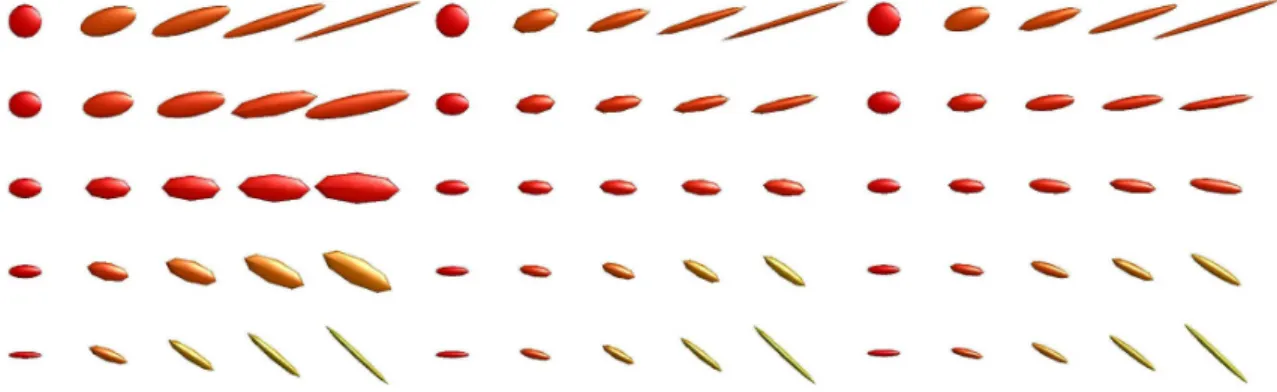 Figure 4.2: Bilinear interpolation of 4 tensors at the corners of a grid. Left: Euclidean reconstruction