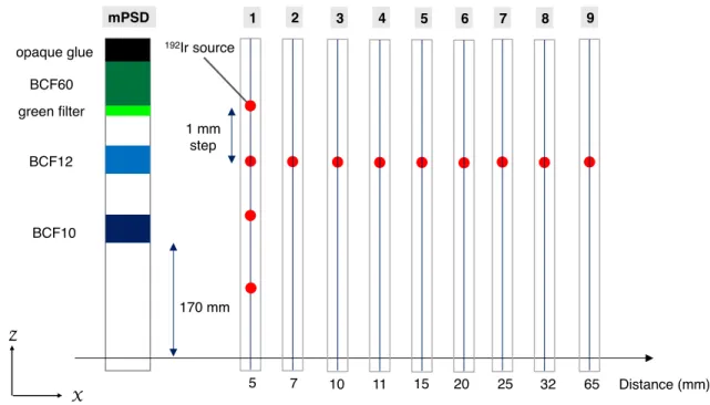 Figure 3.4 – Schematic of the nine catheters and source positions used for source positioning tracking with the mPSD.