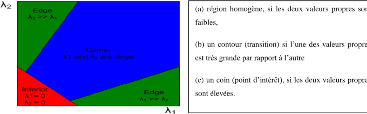 Figure 2-11. Distributions des types de région en fonction des deux plus grandes valeurs propres de la  matrice de Harris (Harris, et al., 1988)