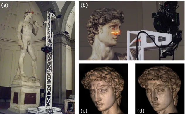 Figure 1.1 – (a) Structure employée pour le scan du David de Michel-Ange. (b) Zoom sur le scanner 3D Cyberware monté au sommet de la structure métallique