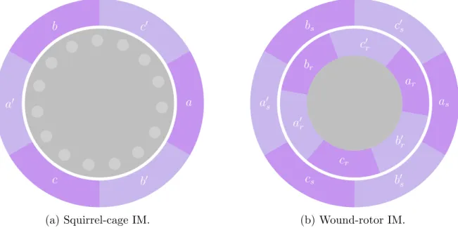Figure 1.4 – Schematic transverse representations of a three-phase one-pole-pair IMs.