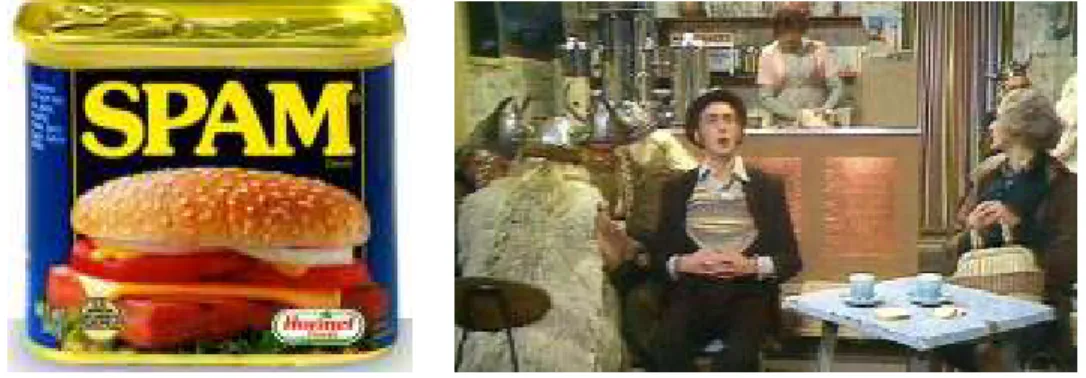 Fig. 1.1: L’utilisation du mot Spam pour d´esigner les messages ind´esirables a ´et´e inspir´e par un sketch de Monty-Python sur un produit de Hormel Foods ` a base de viande ´epic´ee vendu dans des boˆıtes