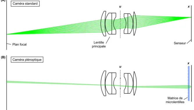 Figure 1.7 – Comparaison du cône de rayons sur lequel intègre un pixel dans une caméra (A) standard versus (B) plénoptique.