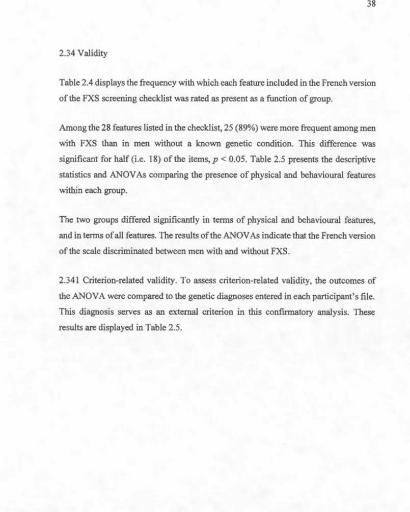 Table 2.4 displays the frequency with which each feature included in the French version  of the FXS screening checklist was rated as present as a function of group