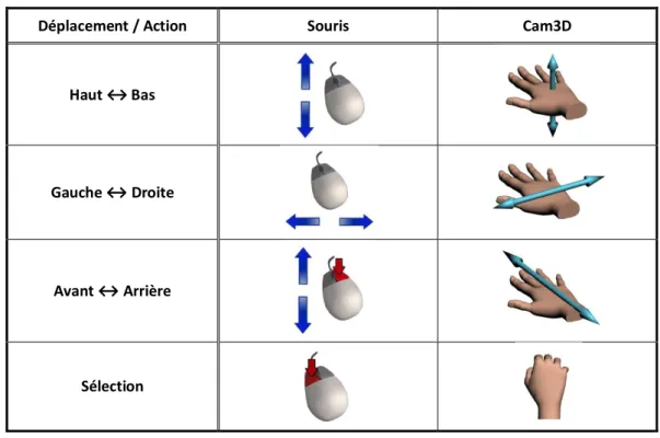 Tableau 4 : Déplacements et actions de sélection avec la « Cam3D » et le souris 