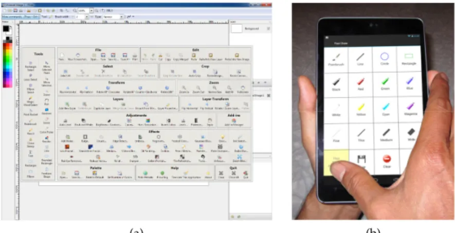 Figure 2.2 – Interfaces utilisateurs consistantes spatialement dans le temps : (a) CommandMaps utilisée avec le logiciel Pinta (source [131]), (b) FastTap utilisé sur tablette (source [66]).