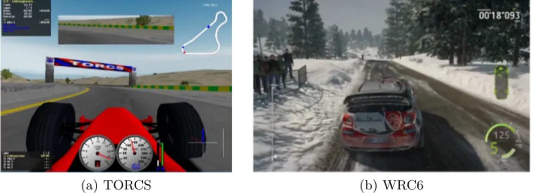 Figure 2.2: Screenshots of race driving simulators. (a) TORCS has basic physics and graphics, and was used in related reinforcement learning works