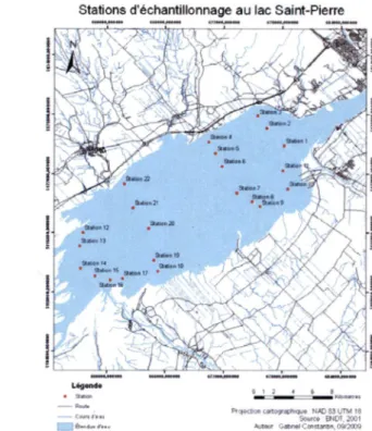 Figure 6  :  Carte des stations d'échantillonnage à l'étude dans le lac Saint-Pierre.