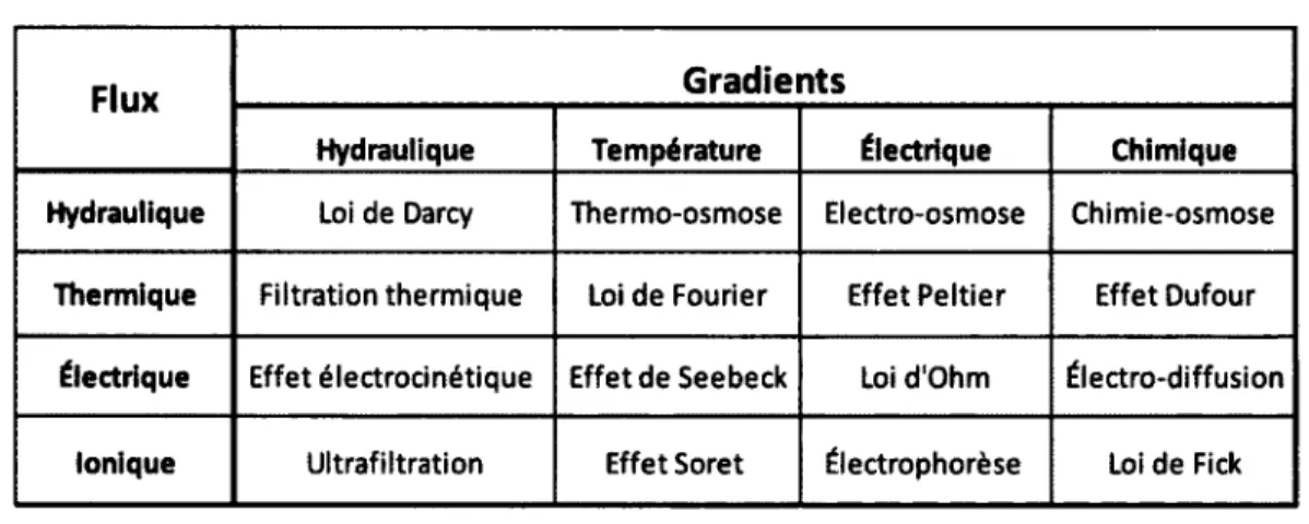 Tableau 3-1:  Gradient et flu x  couplés  (Mitchell (1991); Sheffer (2002))