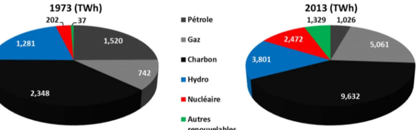 Figure 1-6 : Part des différents combustibles dans la production d’électricité (hors turbinage des 