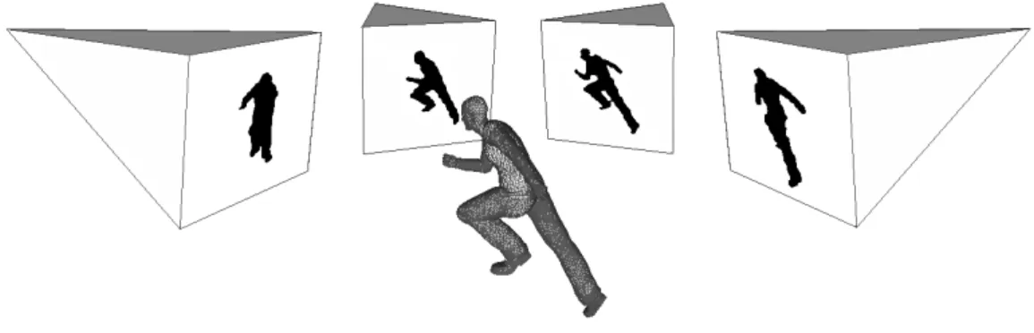 Figure 1.1: Silhouettes of an object with respect to four viewpoints. Silhouettes are shown as binary images.