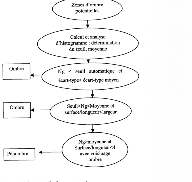 Figure 3.7: Analyse d’histogramme et de critères de forme dans la détection des ombres.