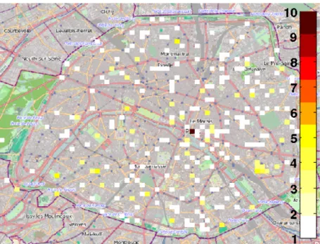 Figure 4.1. Concentration of APs in Paris (200 x 200m grid cells). Darker cells indicate more hotspots available in a region.