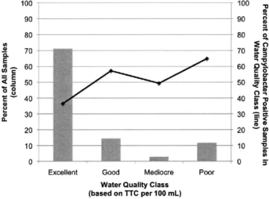 FIGURE  3.  Percent  of total  samples  in  each  water  quality  class  (as  defined  by  thermotolerant  coliform  (TTC)  count  level)  and  percent  of samples  in  each  water  quality class positive for Campylobacter spp