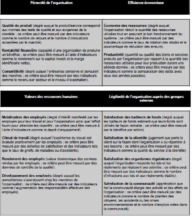 Tableau  8:  Dimensions  et  critères  de  la  performance  de  Morin  et  ses  collaborateurs  (1996) 