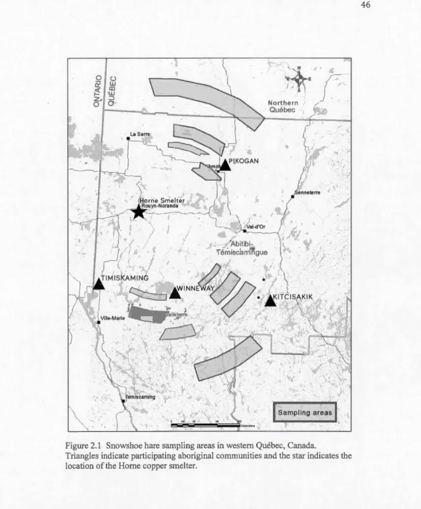Figure 2 . 1  Snowshoe  hare  sampling areas  in  western  Québec,  Canada.  &#34;' 
