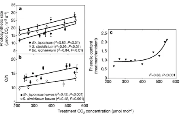 Figure 1.2. Effet du traitement de CO 2  sur diverses espèces. a) assimilation maximale du CO 2