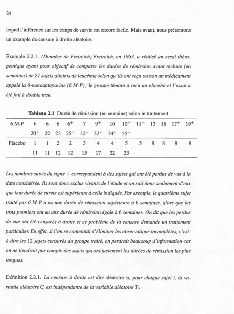 Tableau 2.1  Durée de rémission (en  semaine) selon  le traitement 