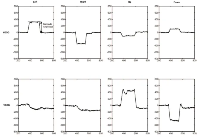 Fig. 3.11: Examples of HEOG and VEOG of saccades in the four directions (left, right, up and down).