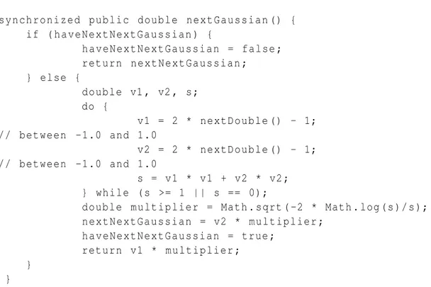 Figure 3.3: The source code of the Gaussian generator in the Random library of Java a better generator, we need to draw an integer to be the mantissa and another according to the exponential law to the exponent.