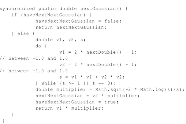 Figure 3.3: The source code of the Gaussian generator in the Random library of Java a better generator, we need to draw an integer to be the mantissa and another according to the exponential law to the exponent.