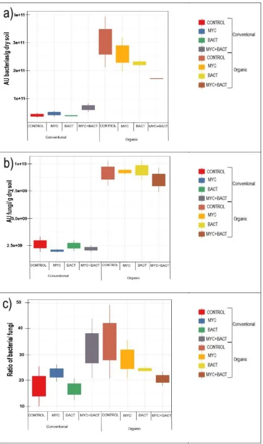 Figure 3.3 Soil quantification of a) bacteria, b) fungi, and c) bacteria/ fungi in the treatments (n=2)  of conventional and organic crops