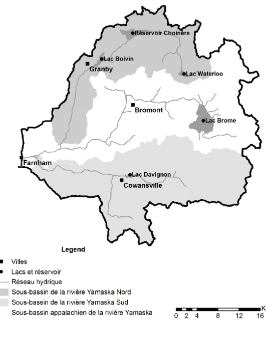 Figure 2.1 - Sous-bassins versants, villes et plans d’eau de la rivière Yamaska à Farnham 
