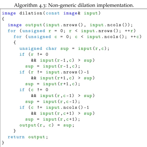 Table 9 ( p. 143 ) shows execution times of several implementations of the dilation algorithm, including the two previously mentioned