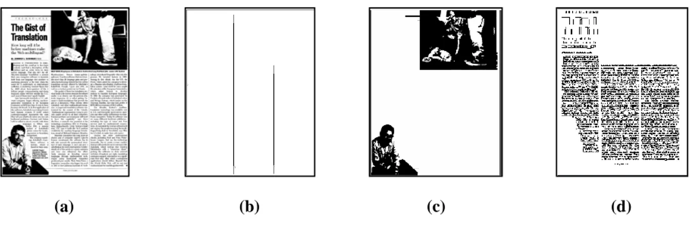Figure 2.8: Étapes de pré-traitement de l’algorithme PLA [56]. (a) : Image originale ; (b) : Traits verticaux détectées ; (c) : Régions d’images détectées ; (d) : composantes connexes de texte filtrées.