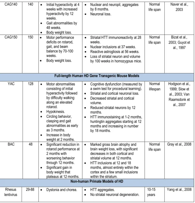 Table 1. Animal models of HD. Adapted from https://www.ncbi.nlm.nih.gov/pmc/articles/PMC2693467/