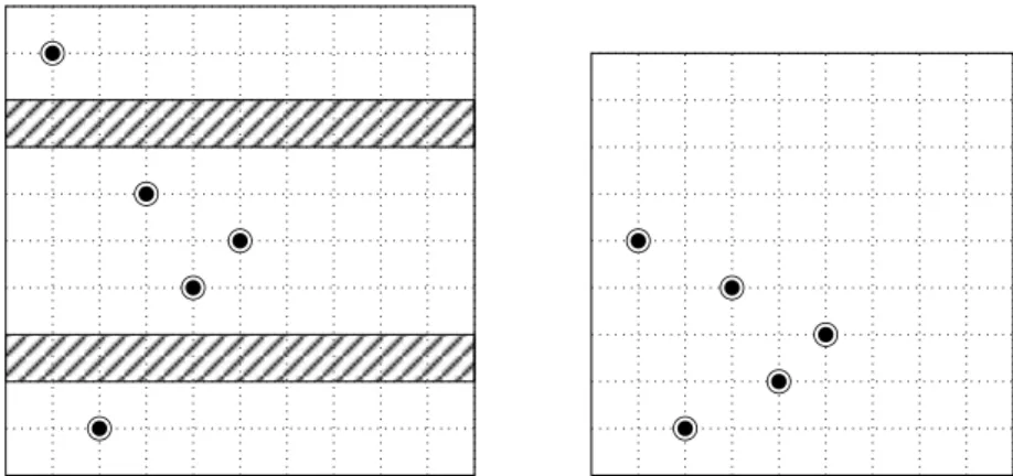 Figure 3.10  The permutation 91645 and the lines to remove on the left and its reduction on the right.