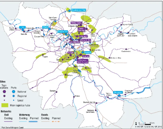 Figure I.14 : Infrastructures et sites logistiques dans la région Ile-de-France (Paris Region, 2017) 