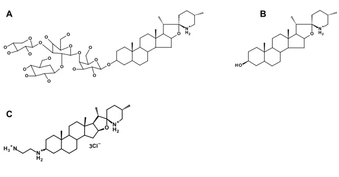 Figure 14. Structures chimiques de la (A) tomatine, de (B) tomatidine et de (C)  l’analogue de tomatidine FC04-100
