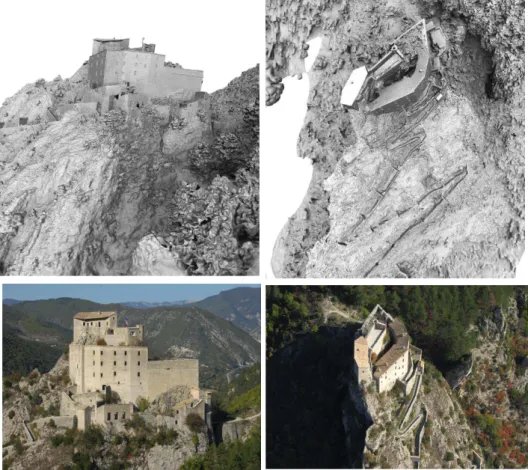 Figure 4.12: Results on Entrevaux data set. Top row: final model of Entrevaux. Two bottom rows: 2 images in similar views ( c 
 IMAGINE/CSTB).