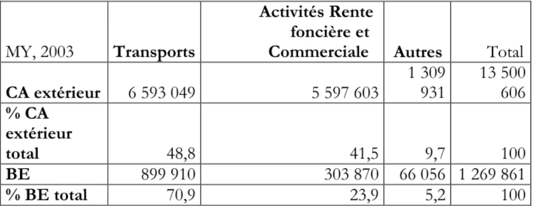 Tableau 12 : Chiffre d’affaires et Bénéfice d’exploitation par segment d’activité 2003