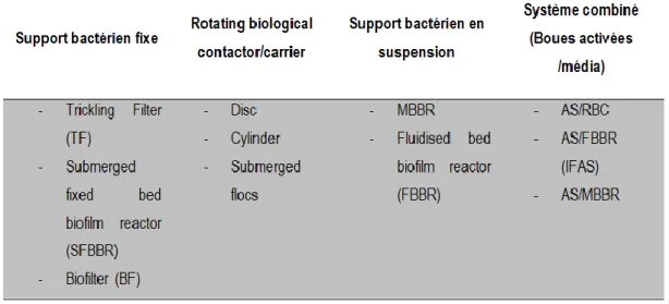 Tableau 3 Système avec un réacteur à biofilm fixe dans le traitement des eaux (adapté de Schlegel  et Koeser 2007) 