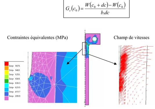 Figure II. 39. Contraintes équivalentes et champ de vitesses en pointe de fissure 