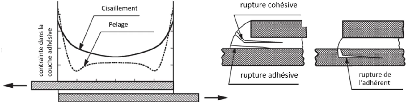 Figure 2-12: Distribution des contraintes et les types de rupture observés dans un joint collé