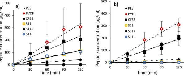 Figure 3.2: Evolution of peptides concentration in (a) cationic and (b) anionic compartment as a function of  time during EDFM.