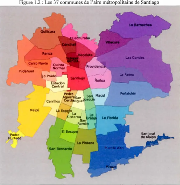 Figure  1.2  : Les 37 communes de  l' aire métropolitaine de  Santiago 