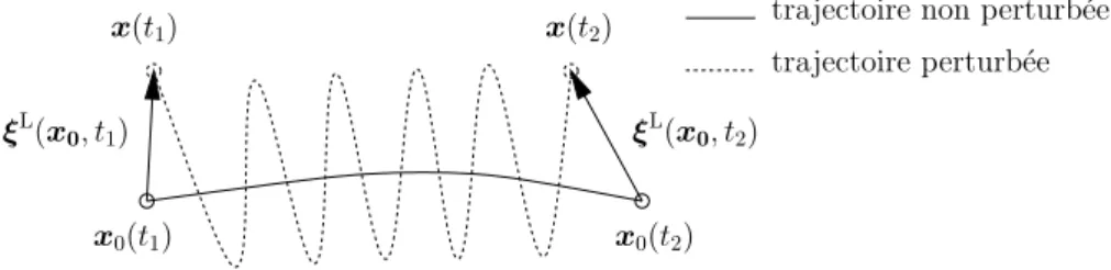 Fig. 1.1 – Perturbation du d´ eplacement lagrangien pour une particule fluide ` a deux instants t 1 et t 2 .
