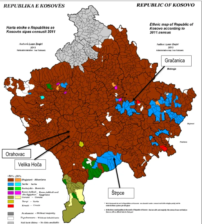 Figure 1  - Carte illustrant la répartition démographique au Kosovo en 2013 
