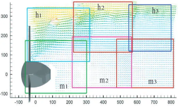 Fig. 2.6 – Six fenˆetres d’exploration h1, h2, h3 (haut), et m1, m2, m3 (bas) et champs des vitesses moyenn´ees.