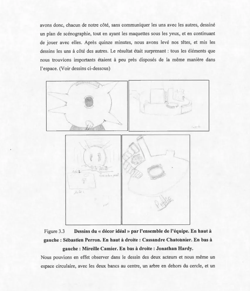 Figure 3.3  Dessins du «décor idéal» par l'ensemble de l'équipe. En haut à 