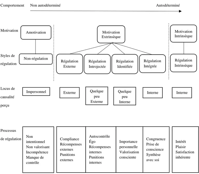 Figure 1. Le continuum de l’autodétermination et les types de motivation, avec les styles de  régulation, les locus de causalité et les processus correspondants